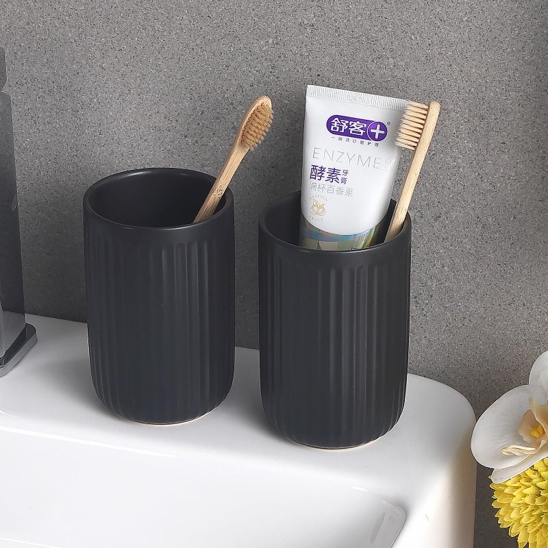 BSDISP Matte Black Toothbrush Holders for Bathrooms - Ceramic Toothbrush Toothpaste Holders Set  Black Bathroom Tumbler Cups Reusable Toothbrush Cup Black Mouthwash Cup  Bathroom Counter Organizer. - Image 2